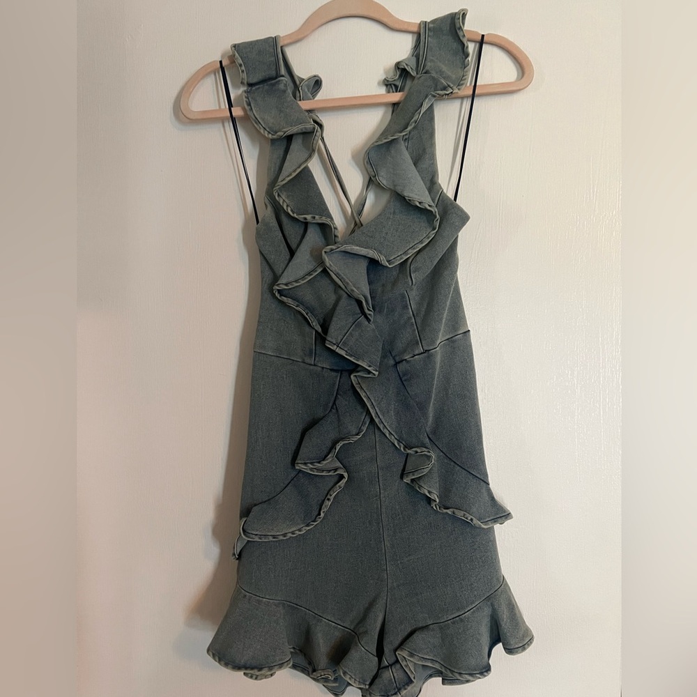 Denim Strappy Ruffle Shorts Romper